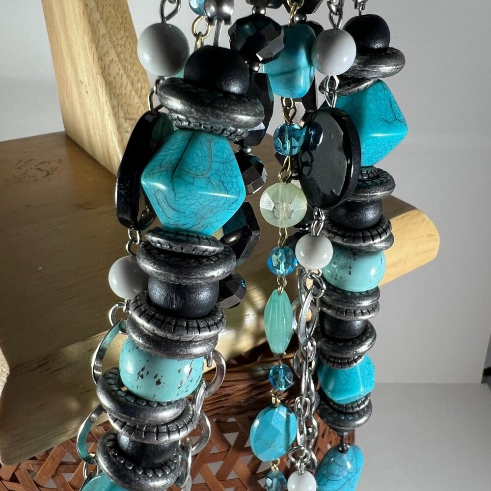 2 Turquoise & Black Beaded Keychain With Crackle Glass Accent Multi-Toned Gemsto - Picture 5 of 7